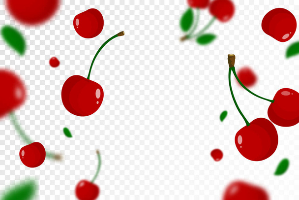 Lentävä punainen mehukas kirsikka tausta defocused hämärtää vaikutus. Eri kokoisia marjoja läpinäkyvällä pohjalla. Voidaan käyttää tapetti, banneri, juliste, tulostaa, kangas, käärepaperi. Vektori - Vektori, kuva