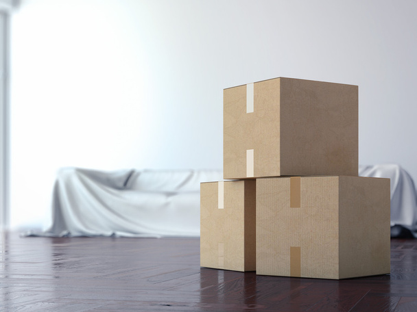 Cardboard moving boxes in interior. 3d rendering - Foto, Imagen