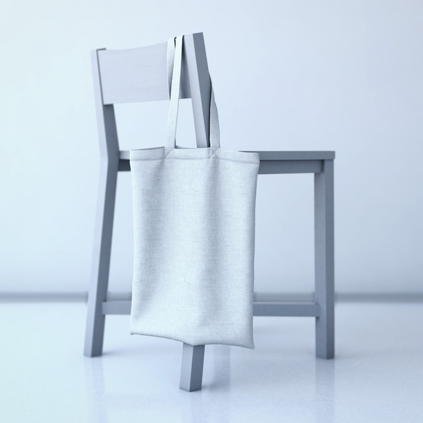 White cotton bag hanging on a chair. 3d rendering - Fotó, kép