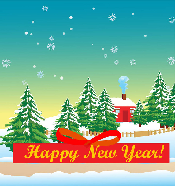 Újévi üdvözlőlap egy kis házzal a fenyőerdőben és piros szalaggal, amin az áll, hogy Boldog Új Évet!! - Vektor, kép