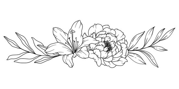 Pivoňková kresba. Černobílé květinové kytice. Stránka zbarvení květin. Květinová čára umění. Pivoňková ilustrace. Ručně kreslené květiny. Botanické zbarvení. Svatební pozvánky květiny - Vektor, obrázek