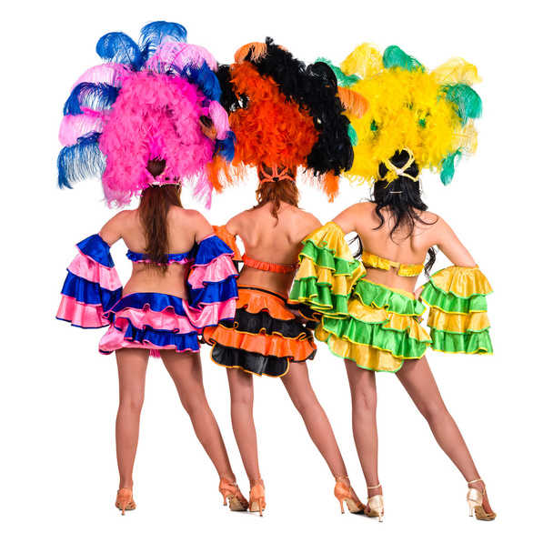 dancer team wearing carnival costumes dancing, rear view - Фото, зображення
