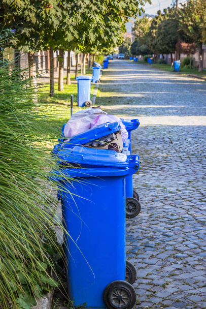 Latas de basura azul en la calle en un pequeño pueblo cerca de cada casa. Recogida centralizada de basura en una pequeña y acogedora ciudad europea. Recogida de basura en un cierto día de la semana. - Foto, imagen