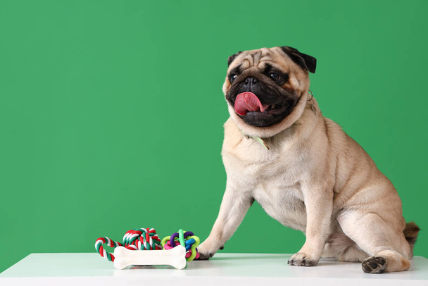 Lindo perrito con merienda y juguetes en la mesa sobre fondo verde - Foto, imagen