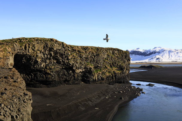 Рейкьявик - пляж с черным песком, расположенный на южном побережье Исландии, недалеко от небольшой рыбацкой деревушки Вик-и-Мюрдал. . - Фото, изображение