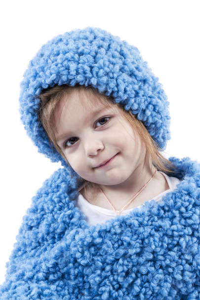 冬の青い服の少女の肖像画 - 写真・画像