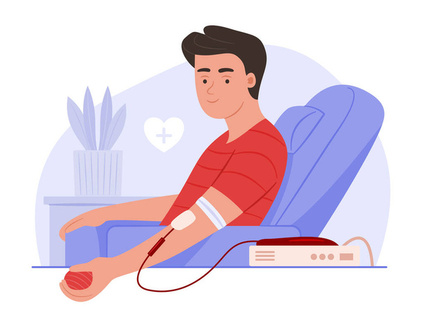 Здоровий чоловік пожертвувати кров'ю для переливання крові та донорства крові благодійної концепції ілюстрації - Вектор, зображення