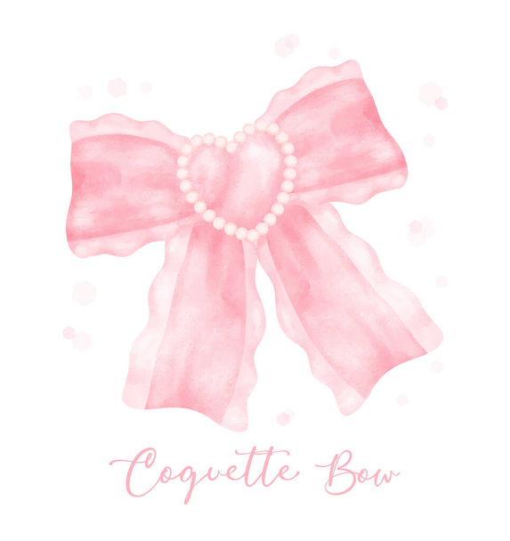 Cute coquette aesthetic pink bow in vintage ribbon style watercolor. - Vector, Image