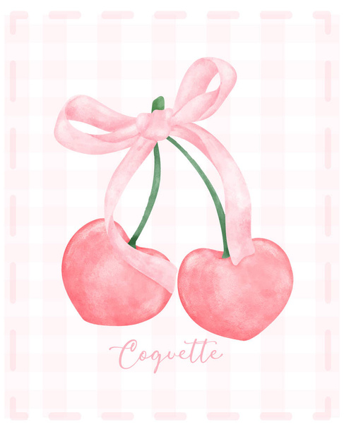 Cute coquette aesthetic pink ribbon bow with red cherries in vintage style watercolor. - Vector, Image