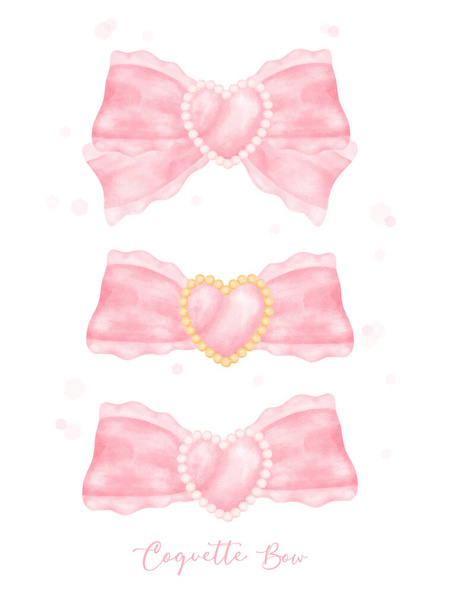 Cute coquette aesthetic pink bows in vintage ribbon style watercolor collection. - Vector, Image