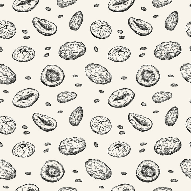 Dried fruits Seamless pattern Repeating background with Prunes, dried apricots, dry fruits, dates for packaging, textile, print, template card flyer. Decorative ornament hand drawn vector illustration - Vector, Image