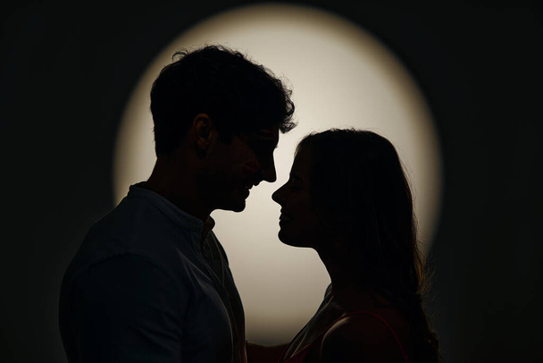 Happy Valentine's Day. Silhouettes of a loving couple standing leaning face to face in the light of a spotlight. - Photo, Image