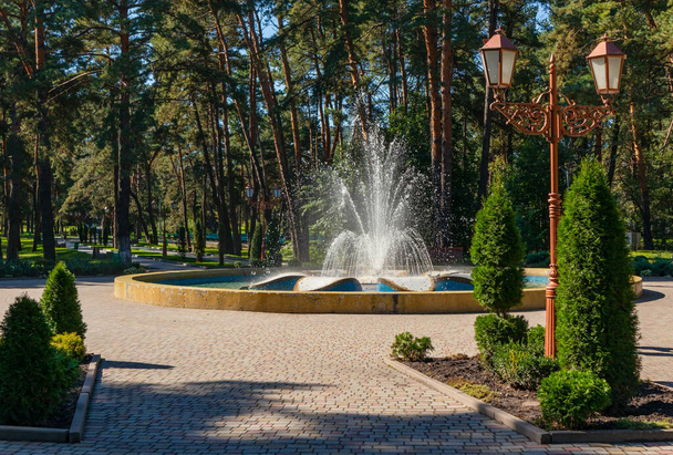 beco em um parque da cidade com uma fonte em um dia ensolarado do verão. Horishni Plavni cidade, Ucrânia. - Foto, Imagem