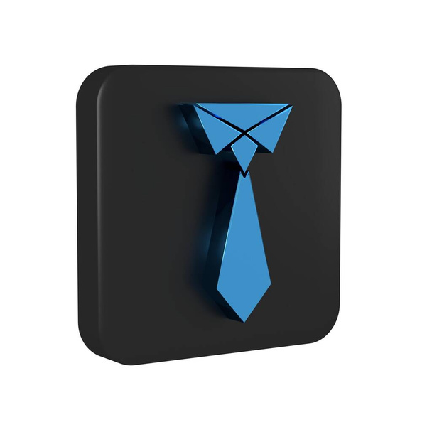 Голубой галстук выделен на прозрачном фоне. Символ галстука и галстука. Черная квадратная кнопка.. - Фото, изображение