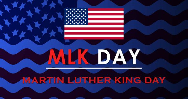 Martin Luther King Jr Day, MLK Ημέρα γιορτάζουν τα πολιτικά δικαιώματα σε πανό των ΗΠΑ. Ημέρα υπηρεσίας Έννοια της ενότητας και της ισότητας γραφική με την εθνική σημαία των ΗΠΑ πατριωτική αφρικανική εκδήλωση ελευθερία BG - Φωτογραφία, εικόνα