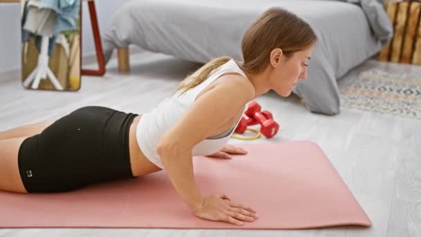 Młoda kobieta wykonuje kobrę jogi w jasnej sypialni z urządzeniami fitness rozrzuconymi dookoła. - Materiał filmowy, wideo