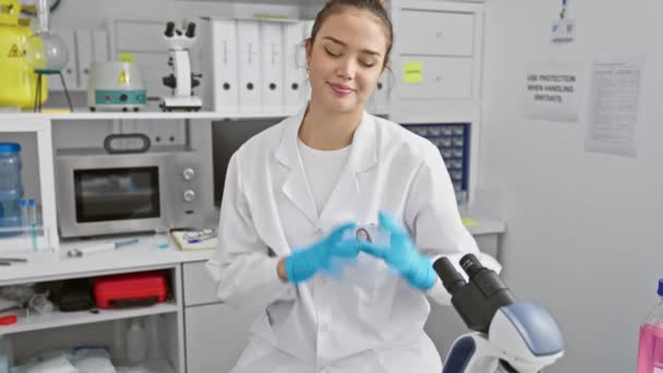 Joven mujer hispana alegre en uniforme científico mostrando símbolo de amor con sus manos, irradiando un concepto romántico en el laboratorio - Metraje, vídeo
