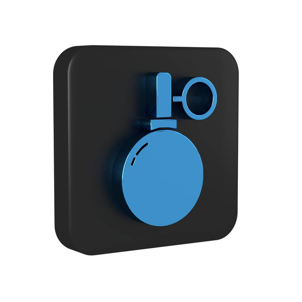 Icono de granada de mano azul aislado sobre fondo transparente. Explosión de bombas. Botón cuadrado negro.. - Foto, imagen