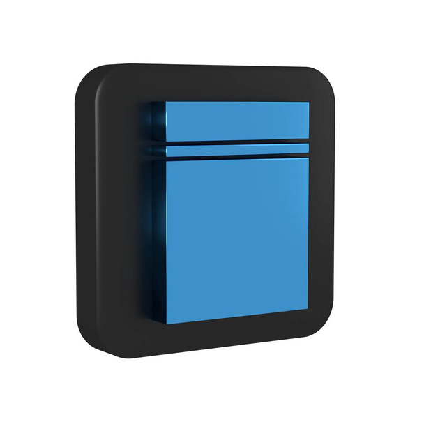 Синий пластиковый пакет с иконкой замка на прозрачном фоне. Черная квадратная кнопка.. - Фото, изображение