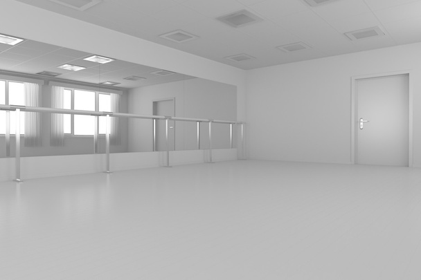 Białe puste szkolenia sala taneczna z podłogi ściany płaskie, białe i - Zdjęcie, obraz