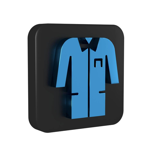 Niebieska ikona jednorodnego laboratorium odizolowana na przezroczystym tle. Suknia dla pracowników badań farmaceutycznych. Sprzęt medyczny. Czarny przycisk kwadratowy. . - Zdjęcie, obraz