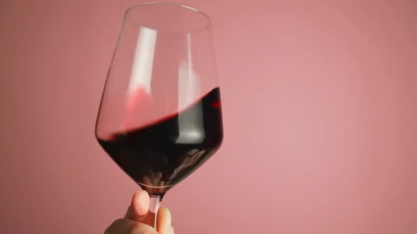 Cerca de mano femenina remolino de vino tinto en copa de vino. Degustación de expertos en vino, calificación y beber vino en fondo de estudio de pared rosa.  - Imágenes, Vídeo