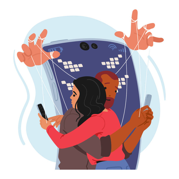 Entwined In Each Others Arms Couple Embraces Passionately, Their Eyes Fixed On Smartphones, Captivated By A Digital World, Immersed In A Modern Love Tethered To Technology. Cartoon Vector Illustration - Vector, Image