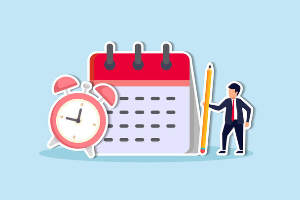 Schedule planning and time management, organize meeting and appointment, event reminder or business schedule concept, businessman holding pencil planning work schedule on calendar and alarm clock. - Vecteur, image