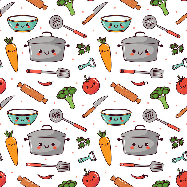 Equipo de cocina Ilustración de diseño de patrones sin costura en plantilla de dibujos animados planos dibujados a mano - Vector, Imagen