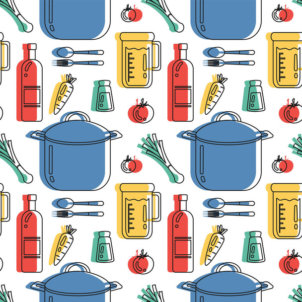 Equipo de cocina Ilustración de diseño de patrones sin costura en plantilla de dibujos animados planos dibujados a mano - Vector, imagen