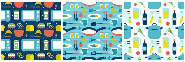 Набір обладнання для приготування їжі Безшовний візерунок Дизайн ілюстрація в плоский мультяшний шаблон Рука намальована - Вектор, зображення