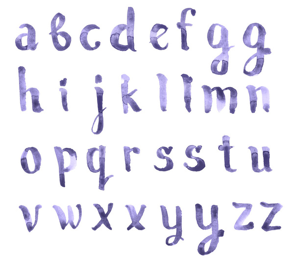 Acuarela acuarela dibujada a mano Letras garabatos pintadas a mano con un pincel azul acuarela alfabeto abc tipo de fuente
 - Foto, imagen