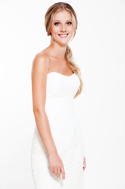 Beautiful smiley bride in white dress - Foto, imagen