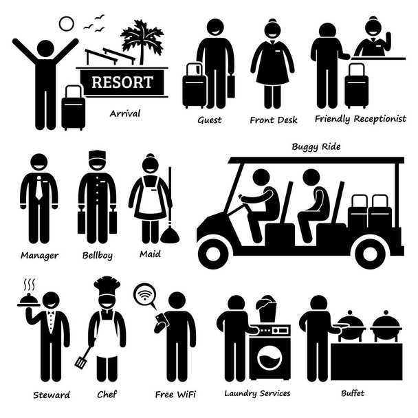 Resort Villa Hotel Tourist munkavállaló és szolgáltatások pálcikaember piktogram ikonok - Vektor, kép