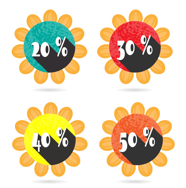 Set, collection, group of four isolated, sun, flat, colorful buttons, icons, signs, labels, stickers, 20, 30, 40, 50 percent discount, sale - Вектор,изображение