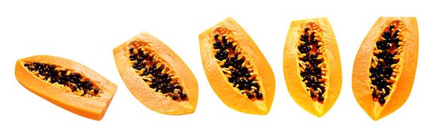 Papaya ripe fruit isolated with clipping path in white background, no shadow, healthy tropical fruit, half and slice, piece - Photo, Image