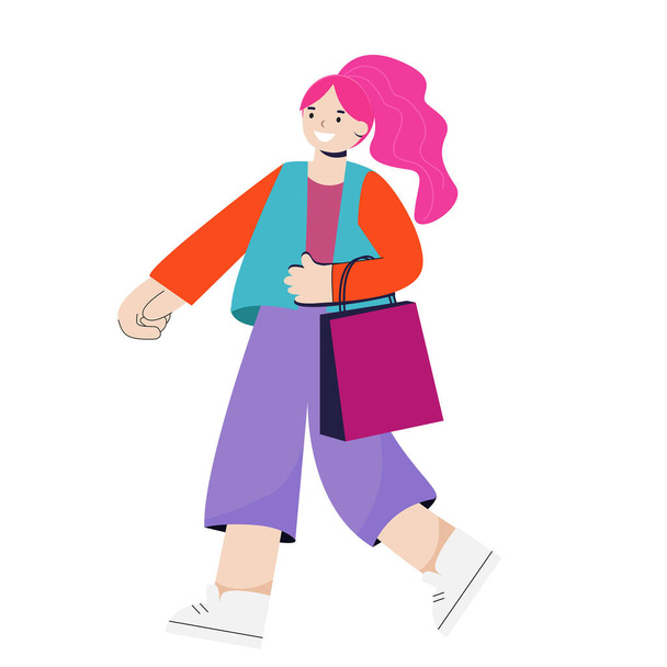 Ein Mädchen in modernen Jugendkluft-Klamotten mit einer Einkaufstasche in der Hand geht fröhlich spazieren. Mtsltyash flache Illustration isoliert auf weißem Hintergrund. - Vektor, Bild