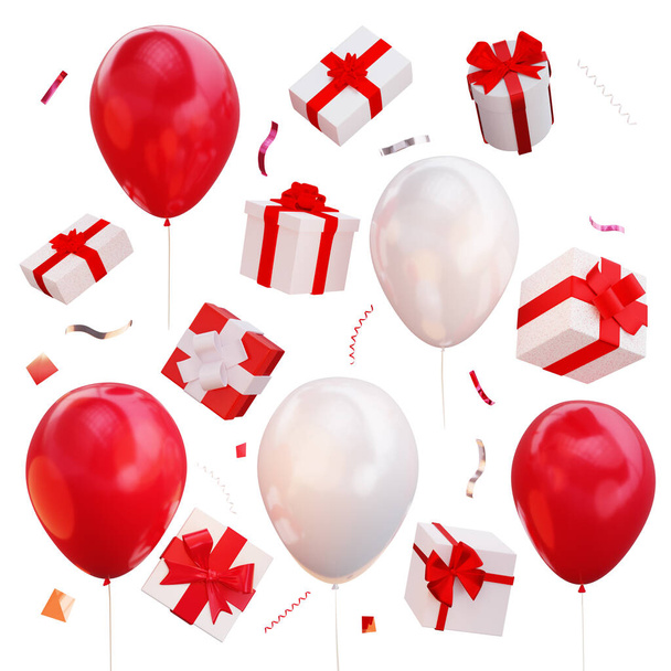 Düşen hediyelerin 3 boyutlu kompozisyonu, uçan balonlar ve dağınık konfetiler. Beyaz arkaplanda izole edilmiş, 3B görüntüleme - Fotoğraf, Görsel