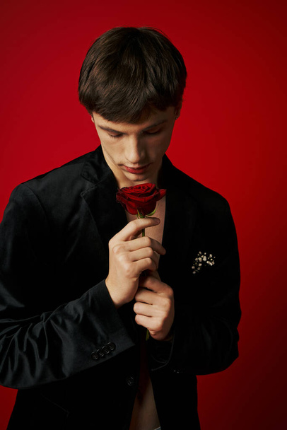 romantic and elegant young man in velvet jacket holding rose in hands on red background, flirt - Photo, Image