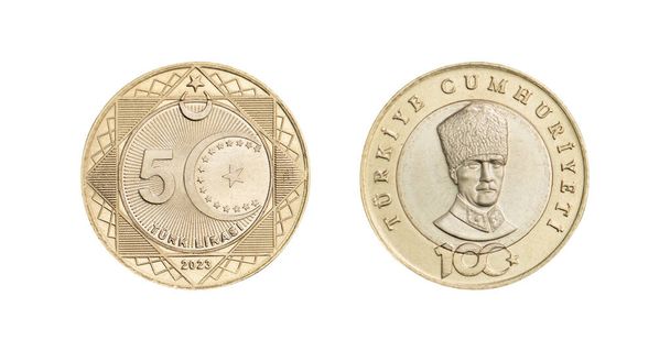 5 lire turche. 5 TL. Moneta Turca Lira isolata su sfondo bianco. Moneta della Turchia. - Foto, immagini