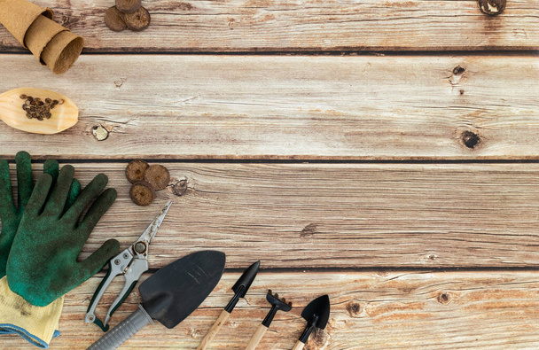 Βρώμικα γάντια κηπουρικής με φτυάρια, τσουγκράνες, πράσινο ποτιστήρι και χάρτινα φλιτζάνια για φύτευση σπόρων βρίσκονται στα αριστερά σε ένα φυσικό ξύλινο τραπέζι με αντιγραφικό χώρο στα δεξιά, επίπεδο lay close-up.Κηπουρική - Φωτογραφία, εικόνα