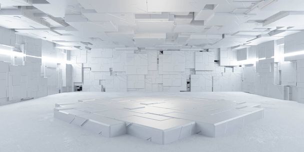 Ein leerer Raum mit weißen Wänden und Fußboden und einem Produktstand zur Präsentation - Foto, Bild