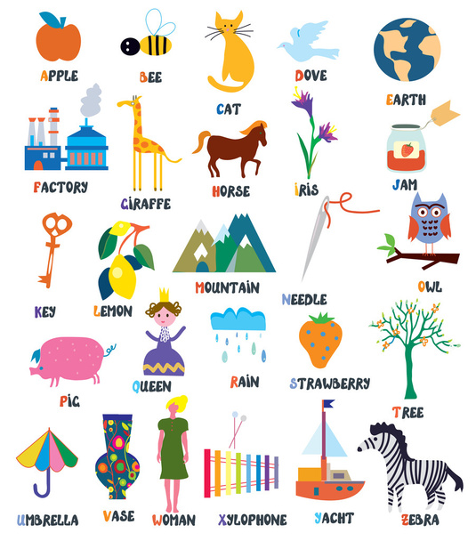 ABC dla dzieci zwierzęta, przedmioty, zabawki - Wektor, obraz