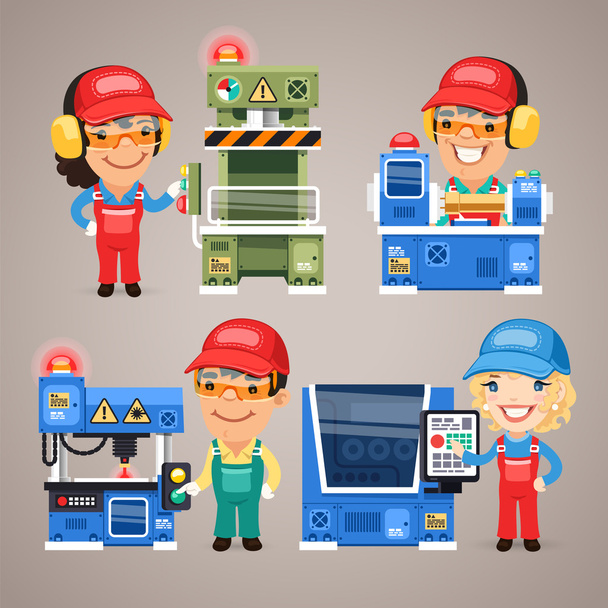 Set of Cartoon Workers Working on the Factory Machines - Vector, Image