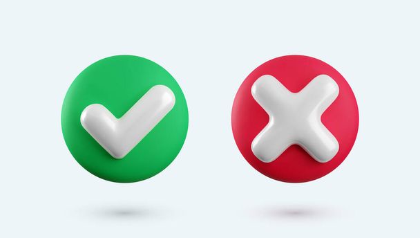 Vector 3d checkmarks icon set. Round glossy yes tick and no cross buttons with shadow. Check mark and X symbol in green and red circle realistic 3d render. Right and wrong sign set. - Vector, Image