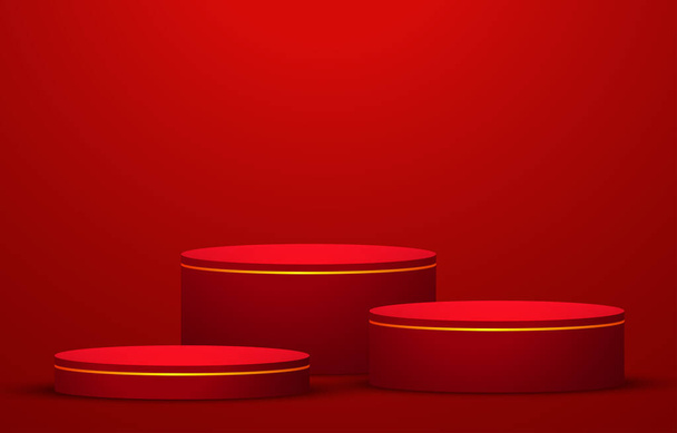 Podio realistico rosso del piedistallo del cilindro 3D con sfondo semicircolare luminoso. Scena della parete minimale rossa per la vetrina dei prodotti, esposizione di promozione. Sala studio astratta vettoriale con piattaforma geometrica. - Vettoriali, immagini