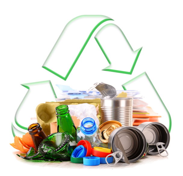 Утилизируемый мусор из стеклопластика, металла и бумаги
 - Фото, изображение