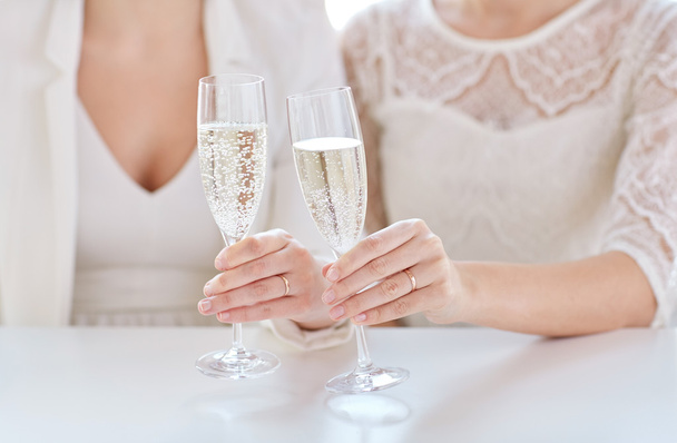 close up of lesbian couple with champagne glasses - Photo, Image