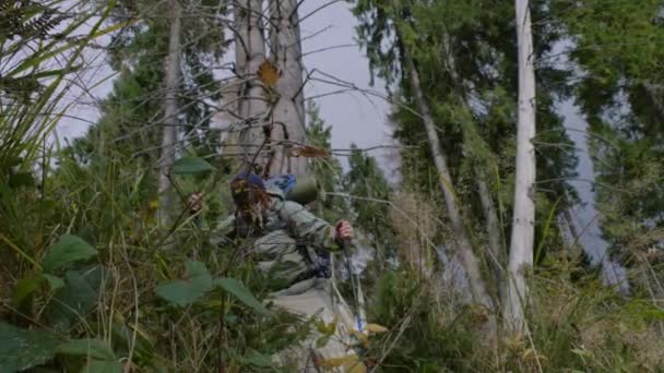 Turista masculino con mochila y bastones de trekking camina a lo largo del sendero en hermoso bosque. Entusiasta al aire libre durante la caminata o expedición en las montañas. Concepto de descubrimiento de la naturaleza y turismo. Movimiento lento. - Metraje, vídeo
