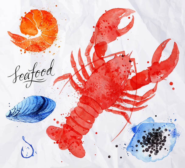 Akvarell tenger gyümölcsei-rák, kaviár, kagyló, rák - Vektor, kép